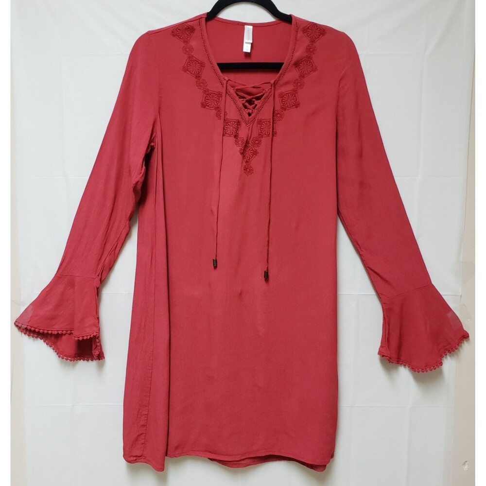 Exhilaration Womens Red Summer Dress Long Sleeve Embroidered Neck Lace Sz S NWOT